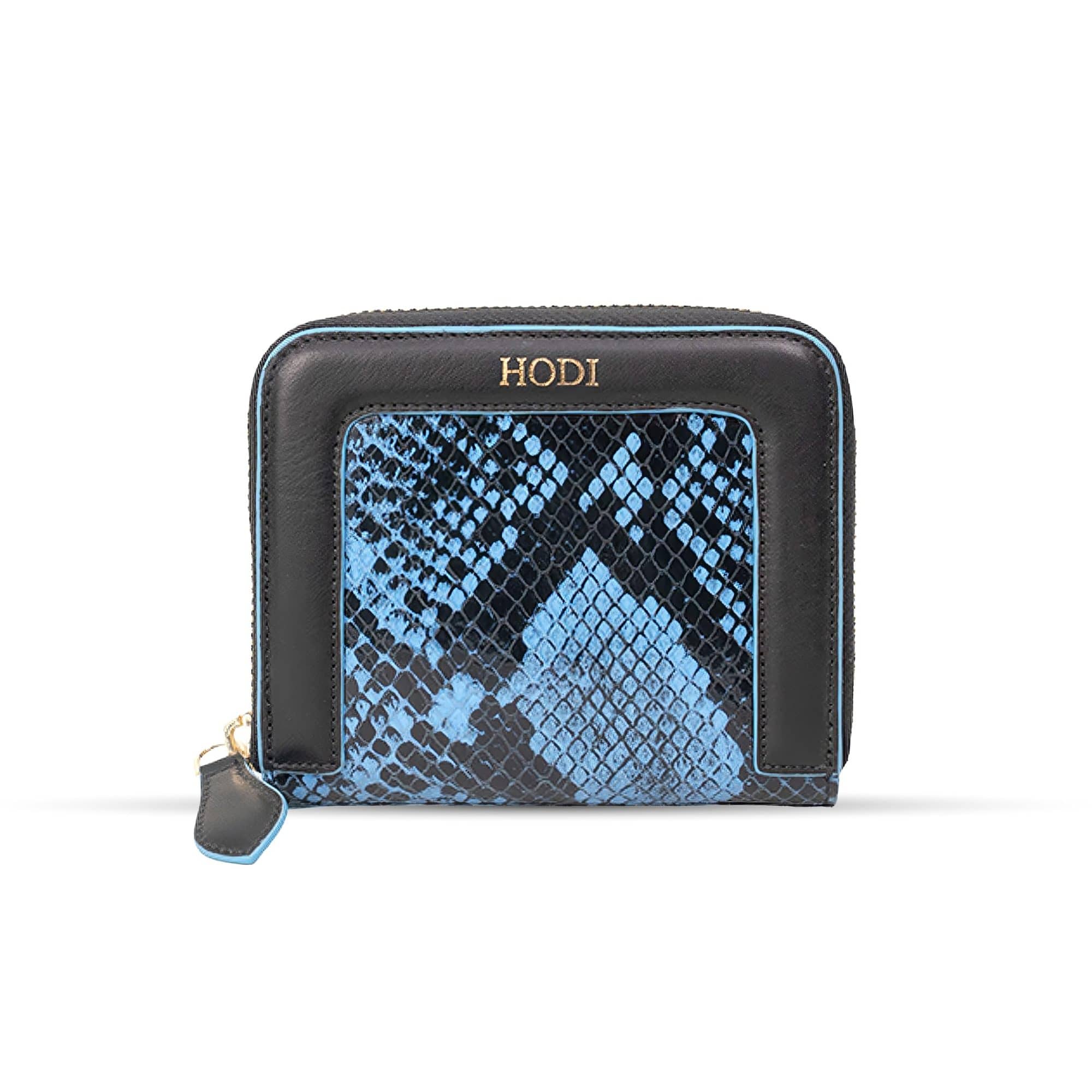 Hodi Women's Snake Print Zip-Around Wallet | Genuine Foil Leather | Faux Suede Lining | Fashion Cash Coin Card Holder Ladies Hand Purse Blue