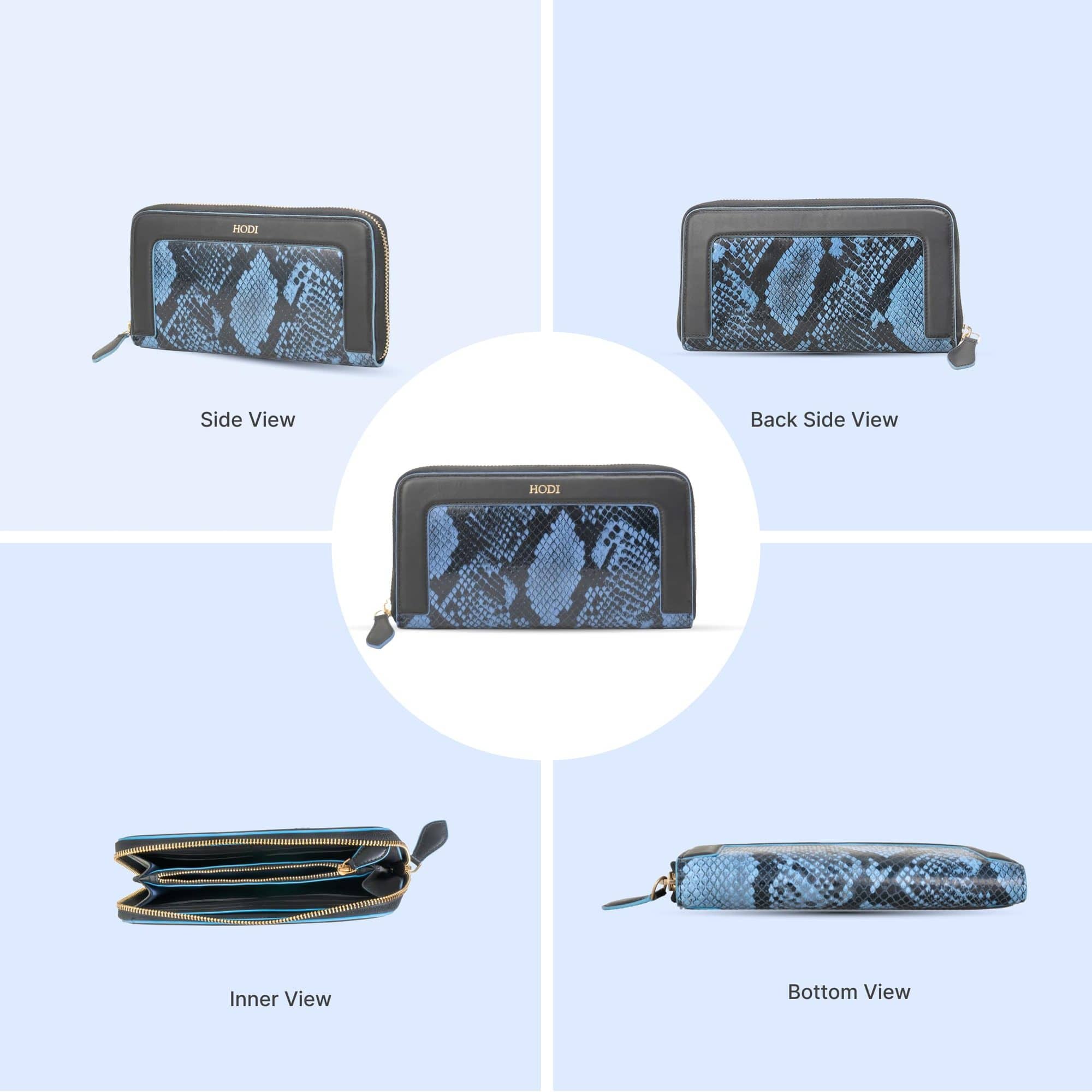Hodi Women's Snake Print Zip-Around Clutch Wallet | Genuine Foil Leather | Faux Suede Lining | Fashion Cash Coin Card Holder Ladies Hand Purse | Blue — photo 6