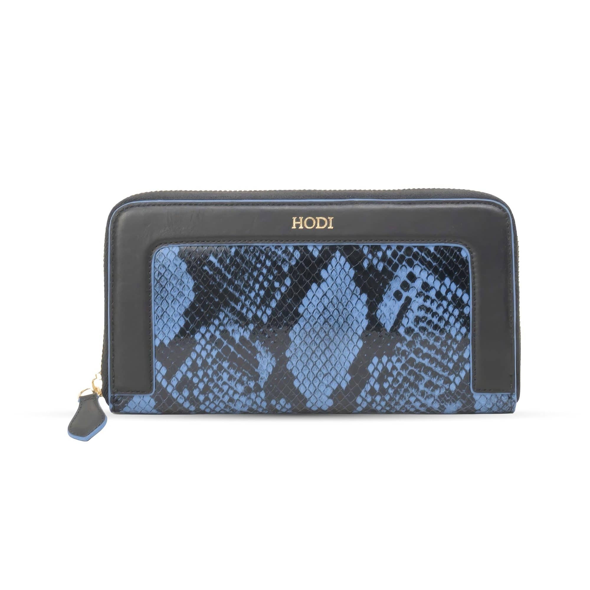 Hodi Women's Snake Print Zip-Around Clutch Wallet | Genuine Foil Leather | Faux Suede Lining | Fashion Cash Coin Card Holder Ladies Hand Purse | Blue