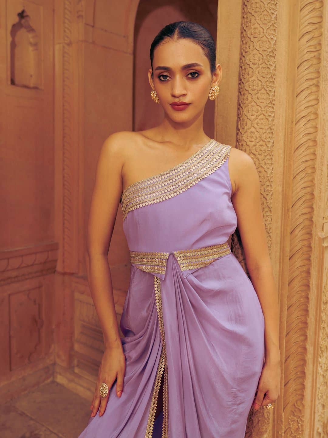 SILCHIC Mastani Crepe Embroidered One Shoulder Bodysuit With Belt — photo 2