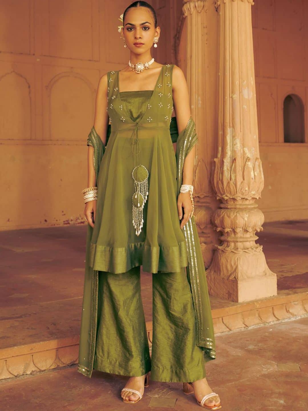 SILCHIC Women Solid Embroidered Regular Anarkali Kurtas & Palazzos With Dupatta — photo 1