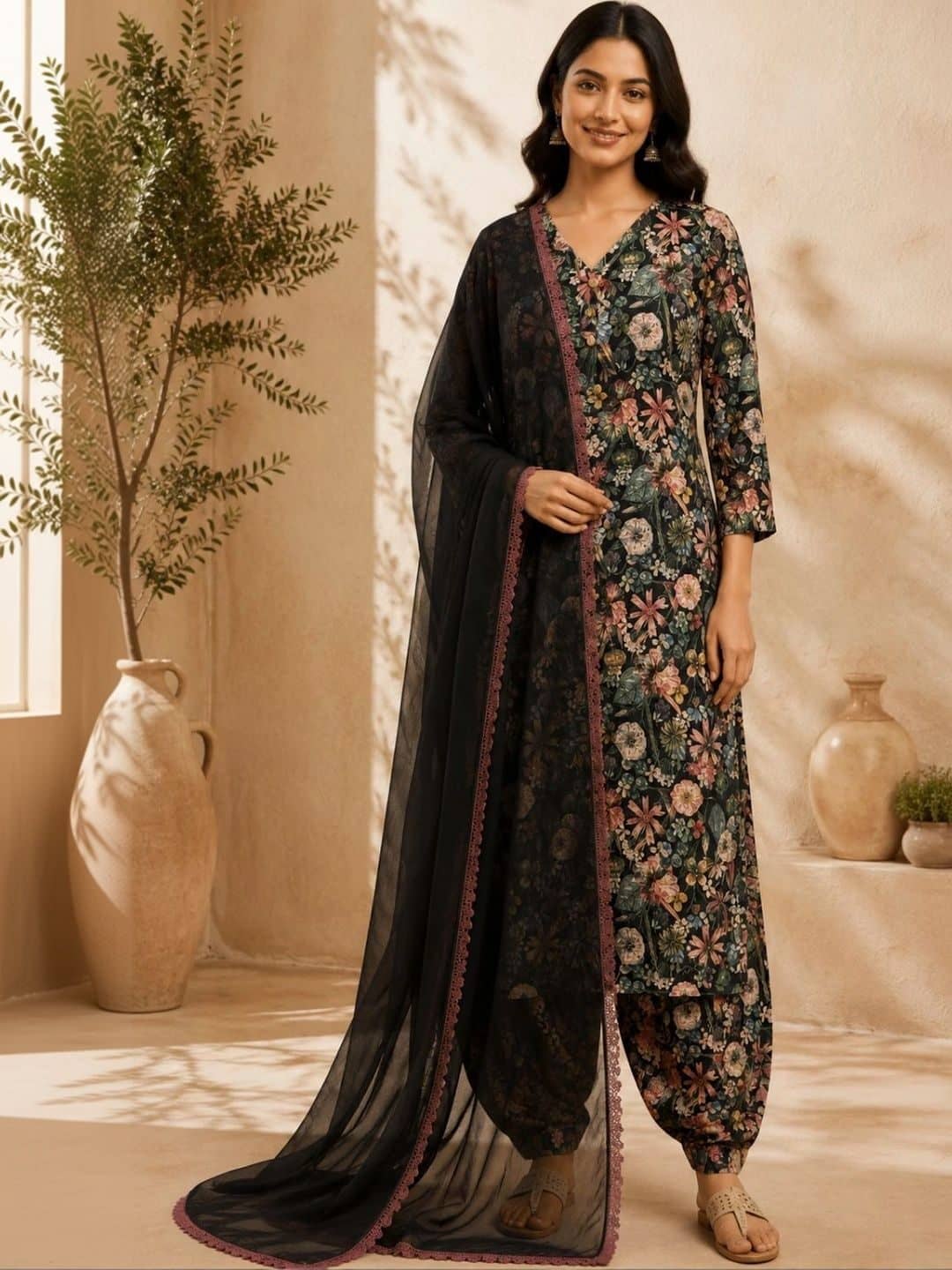 SILCHIC Floral Printed V-Neck Straight Kurta With Trousers & Dupatta — photo 6