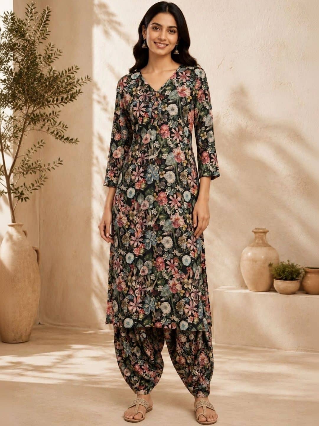 SILCHIC Floral Printed V-Neck Straight Kurta With Trousers & Dupatta — photo 3
