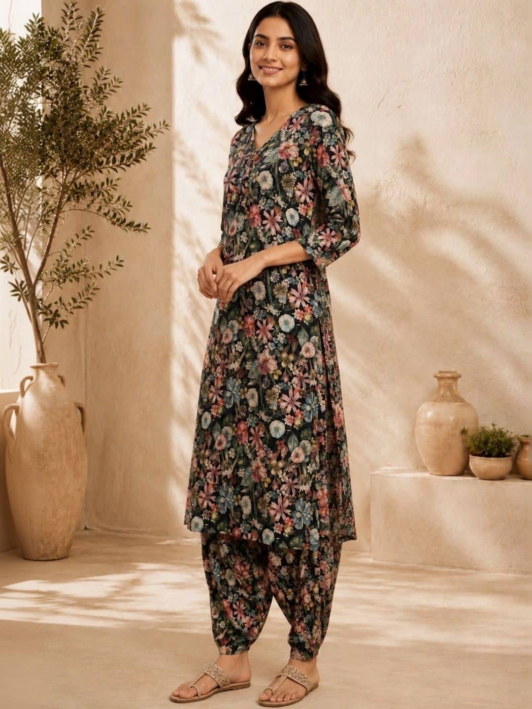 SILCHIC Floral Printed V-Neck Straight Kurta With Trousers & Dupatta — photo 4