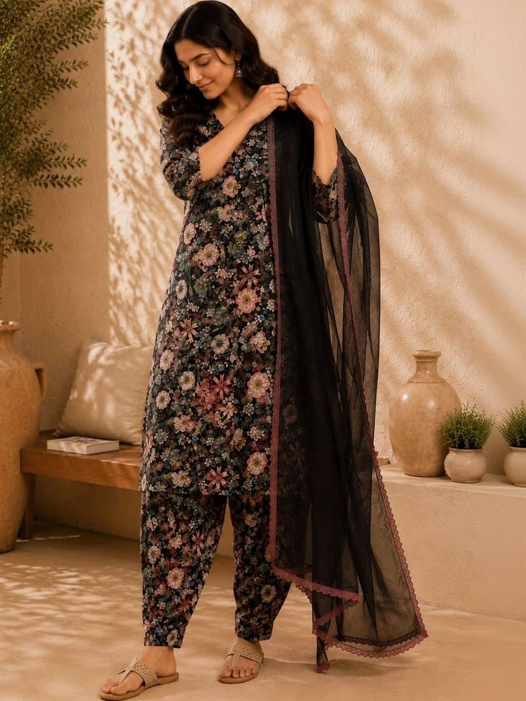 SILCHIC Floral Printed V-Neck Straight Kurta With Trousers & Dupatta — photo 1