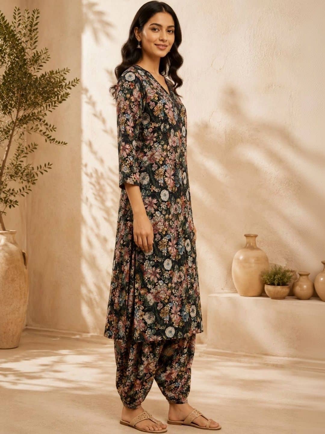 SILCHIC Floral Printed V-Neck Straight Kurta With Trousers & Dupatta — photo 5