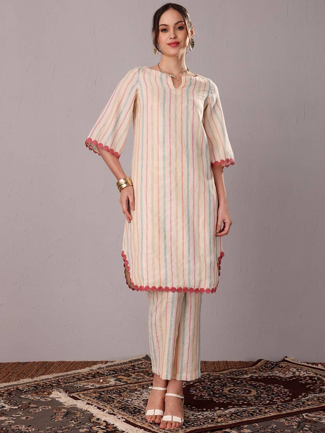 SILCHIC Striped Notch Neck Straight Kurta With Trouser — photo 1