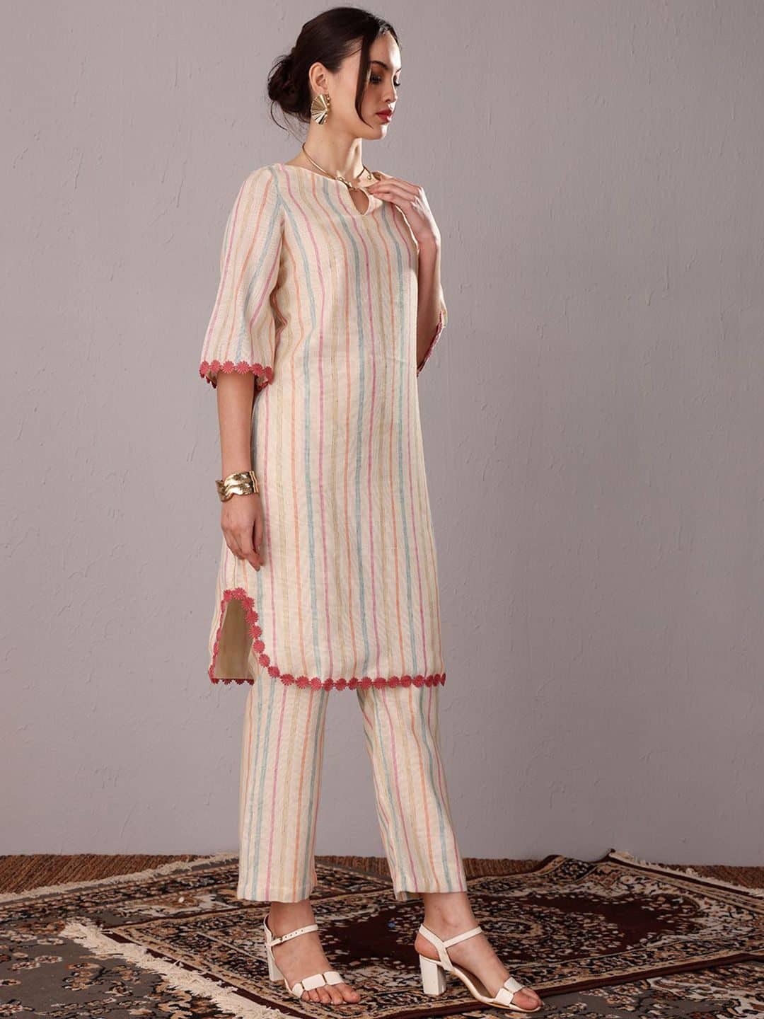 SILCHIC Striped Notch Neck Straight Kurta With Trouser — photo 3