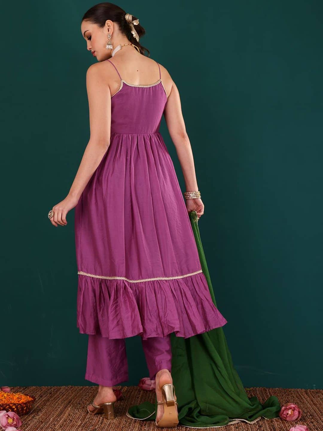 SILCHIC Women Solid Regular Chanderi Silk Knee Length Kurta Trousers With Dupatta — photo 4