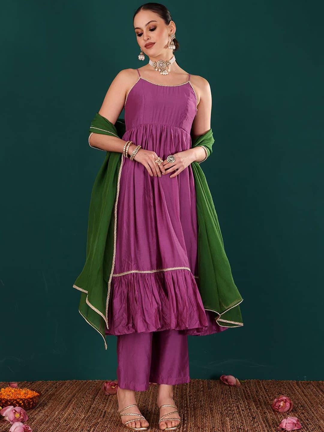 SILCHIC Women Solid Regular Chanderi Silk Knee Length Kurta Trousers With Dupatta — photo 1