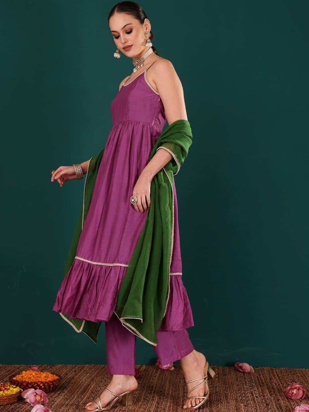 SILCHIC Women Solid Regular Chanderi Silk Knee Length Kurta Trousers With Dupatta — photo 5