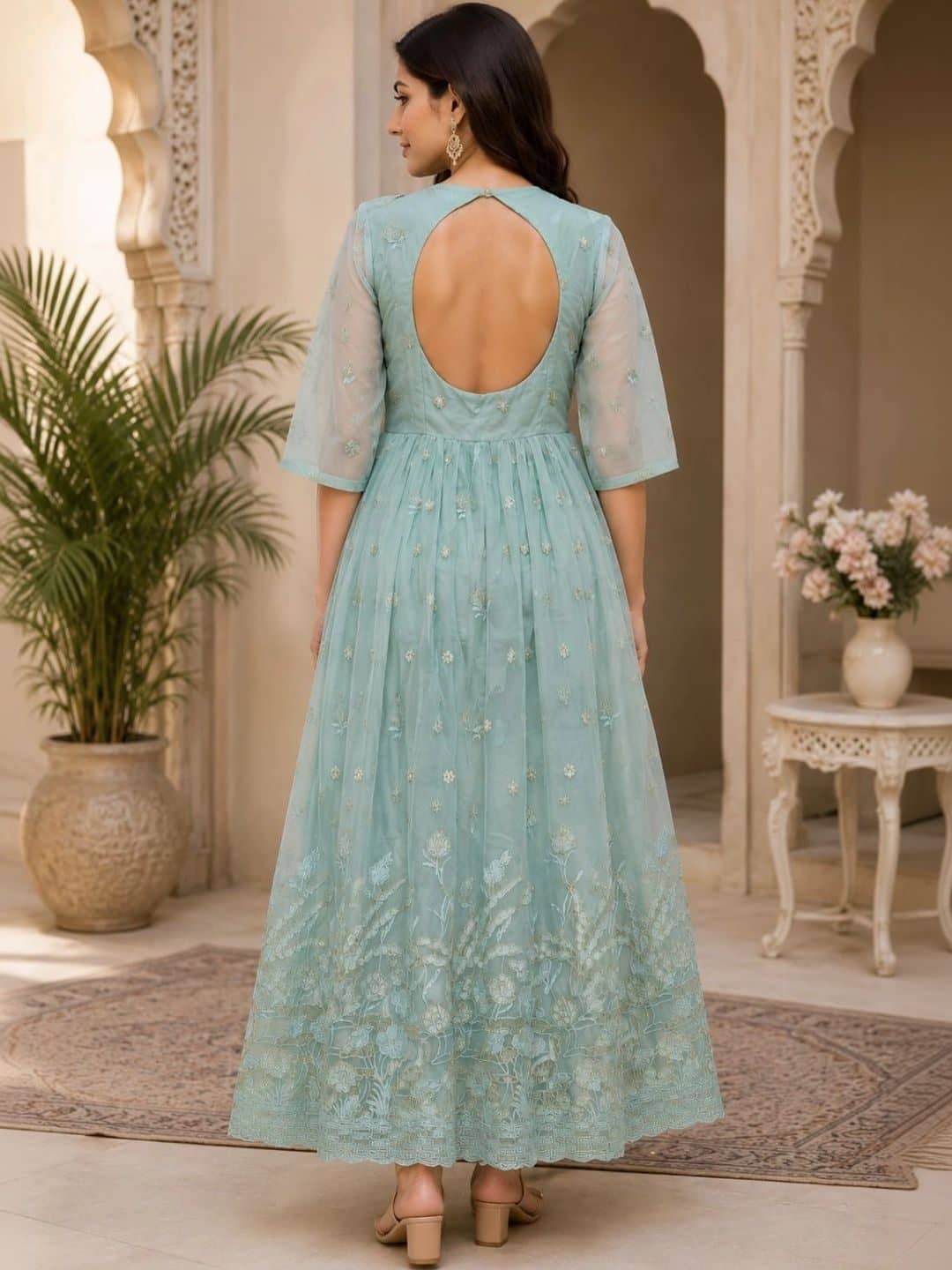 SILCHIC Floral Embroidered Pleated Organza Anarkali Kurta With Trousers & Dupatta — photo 2