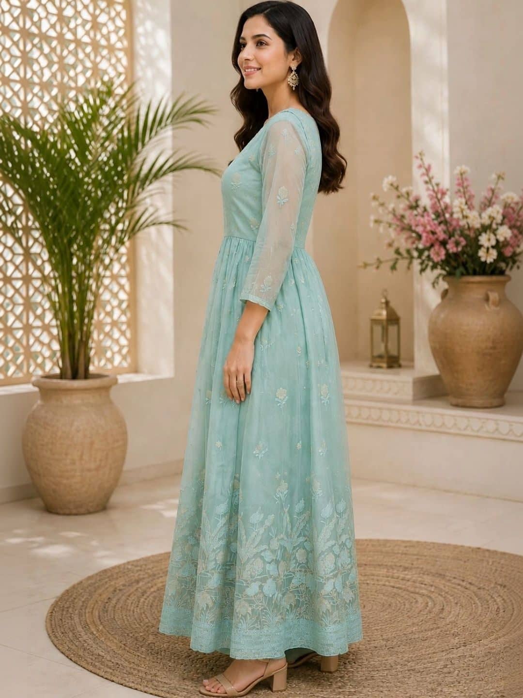 SILCHIC Floral Embroidered Pleated Organza Anarkali Kurta With Trousers & Dupatta — photo 3