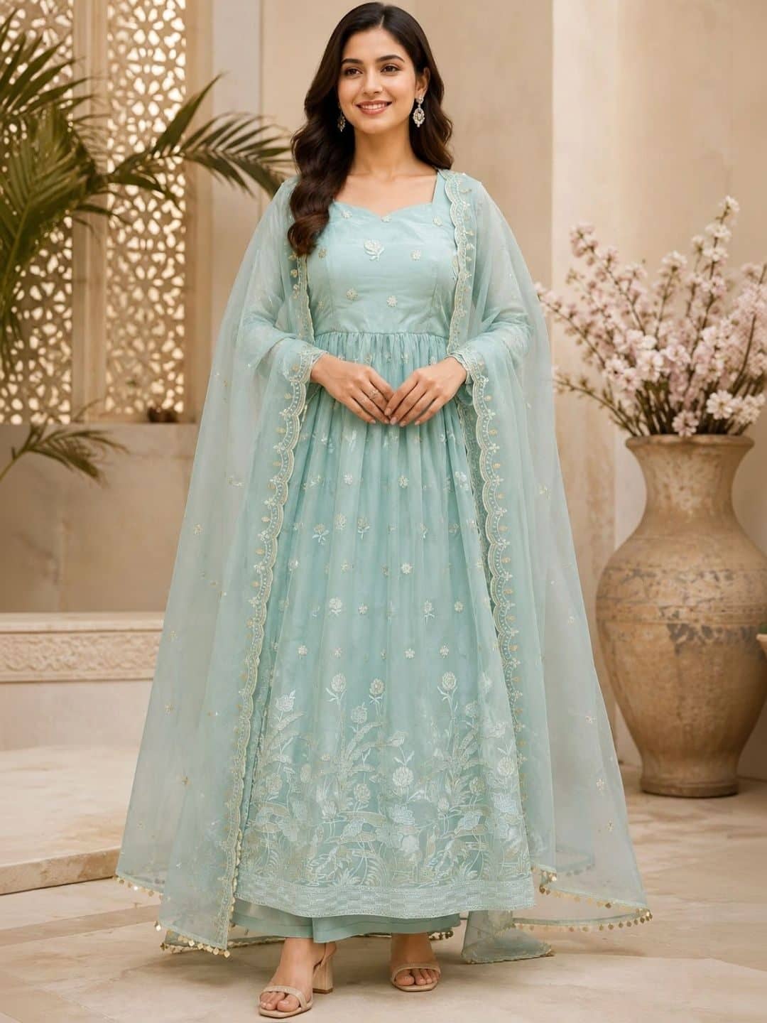SILCHIC Floral Embroidered Pleated Organza Anarkali Kurta With Trousers & Dupatta — photo 1