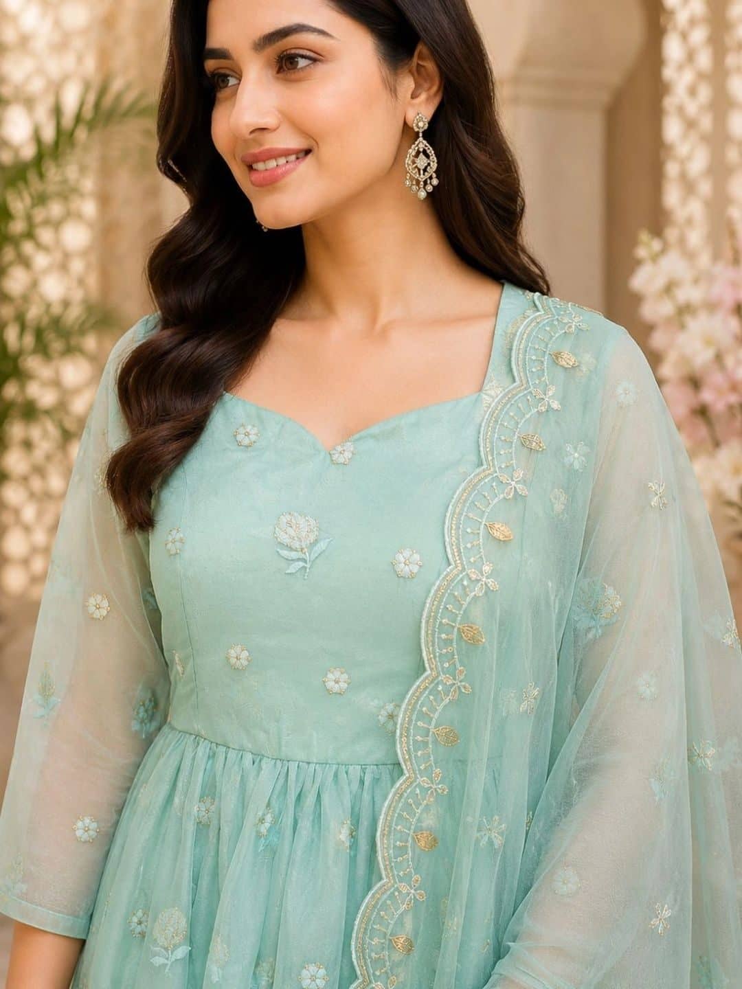 SILCHIC Floral Embroidered Pleated Organza Anarkali Kurta With Trousers & Dupatta — photo 5