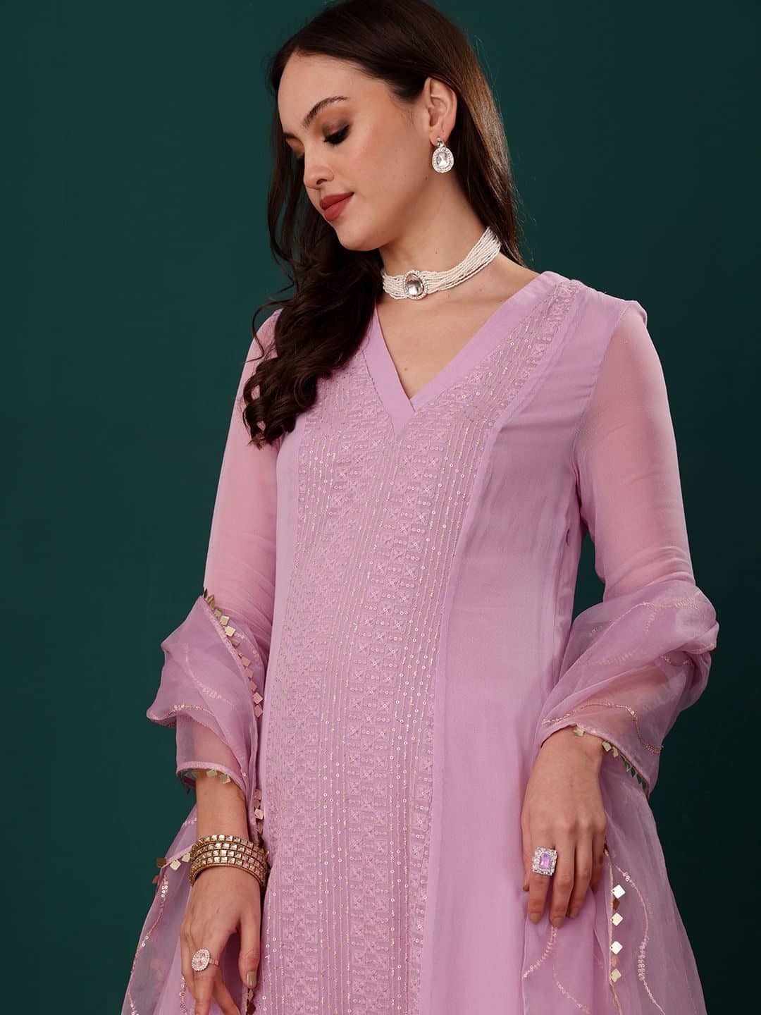 SILCHIC Women Ethnic Motifs Embroidered Regular Sequinned Kurta & Trousers With Dupatta — photo 5
