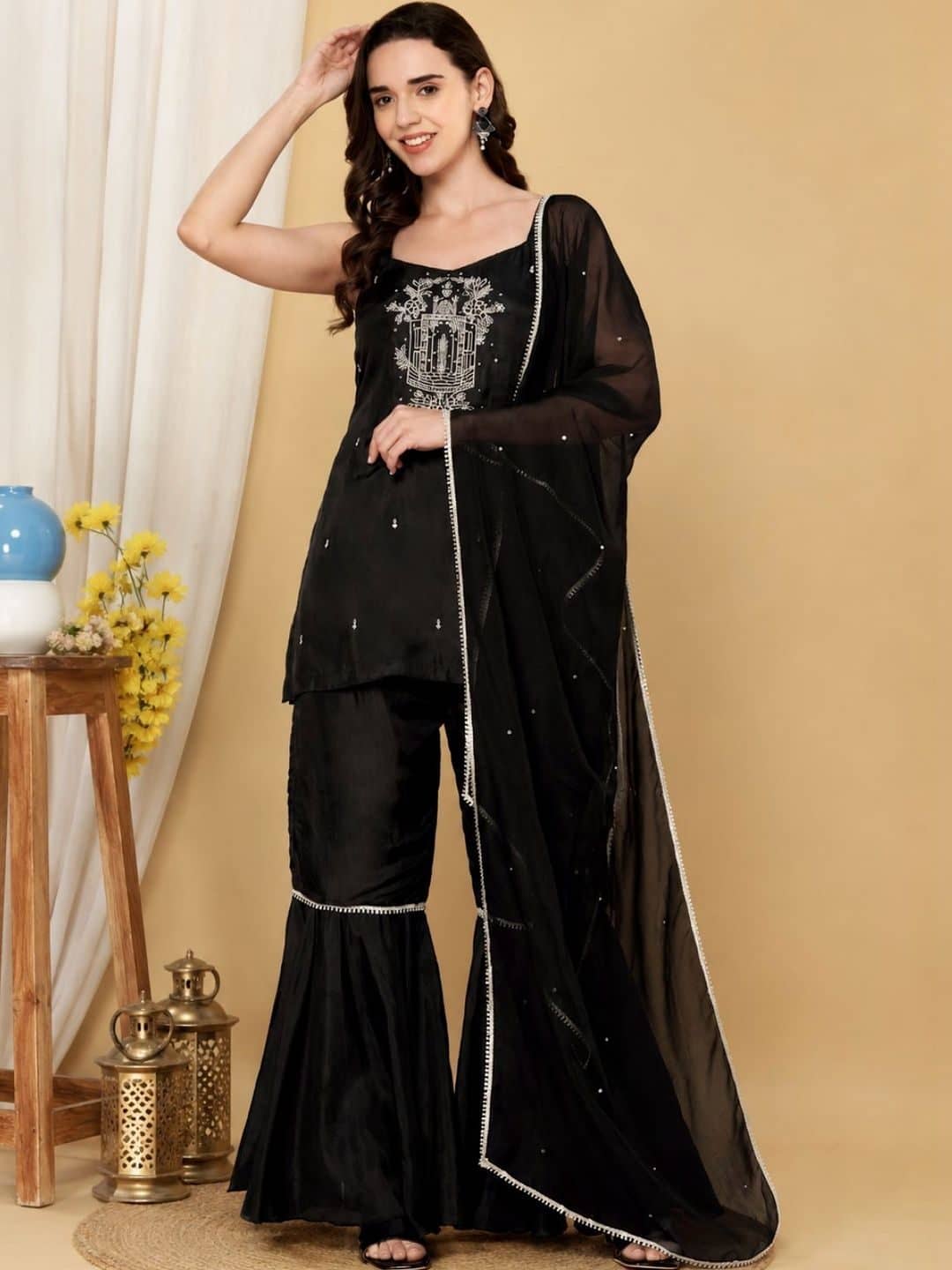 SILCHIC Women Ethnic Motifs Embroidered Regular Sequinned Kurta with Sharara & With Dupatta — photo 1