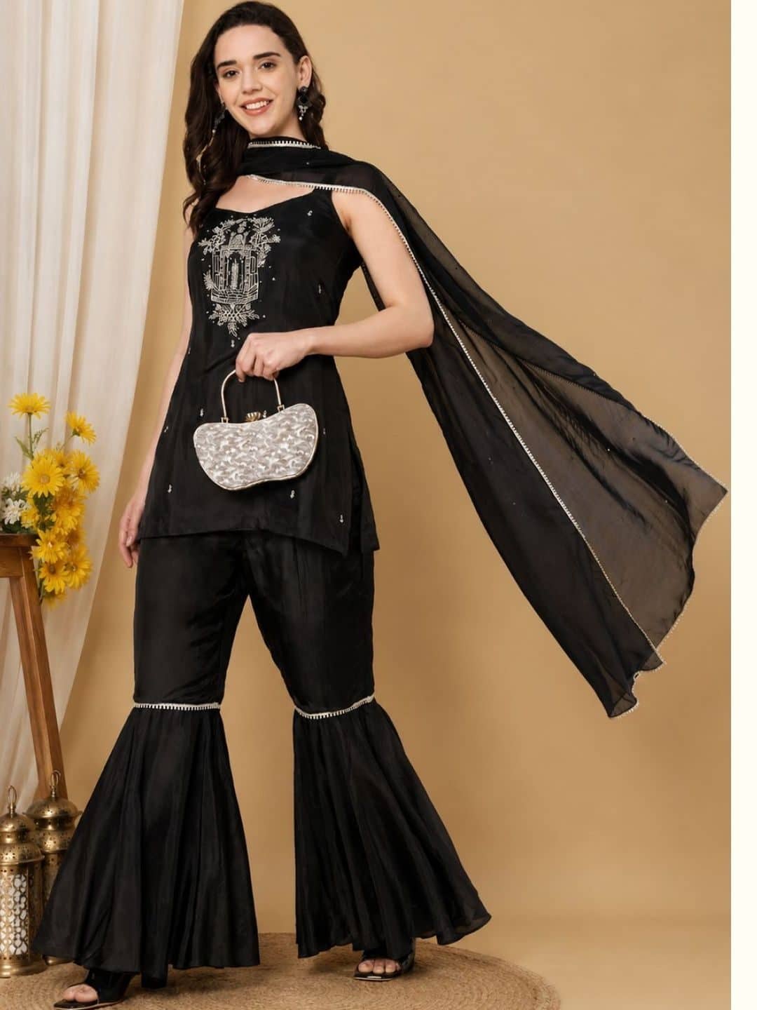 SILCHIC Women Ethnic Motifs Embroidered Regular Sequinned Kurta with Sharara & With Dupatta — photo 5