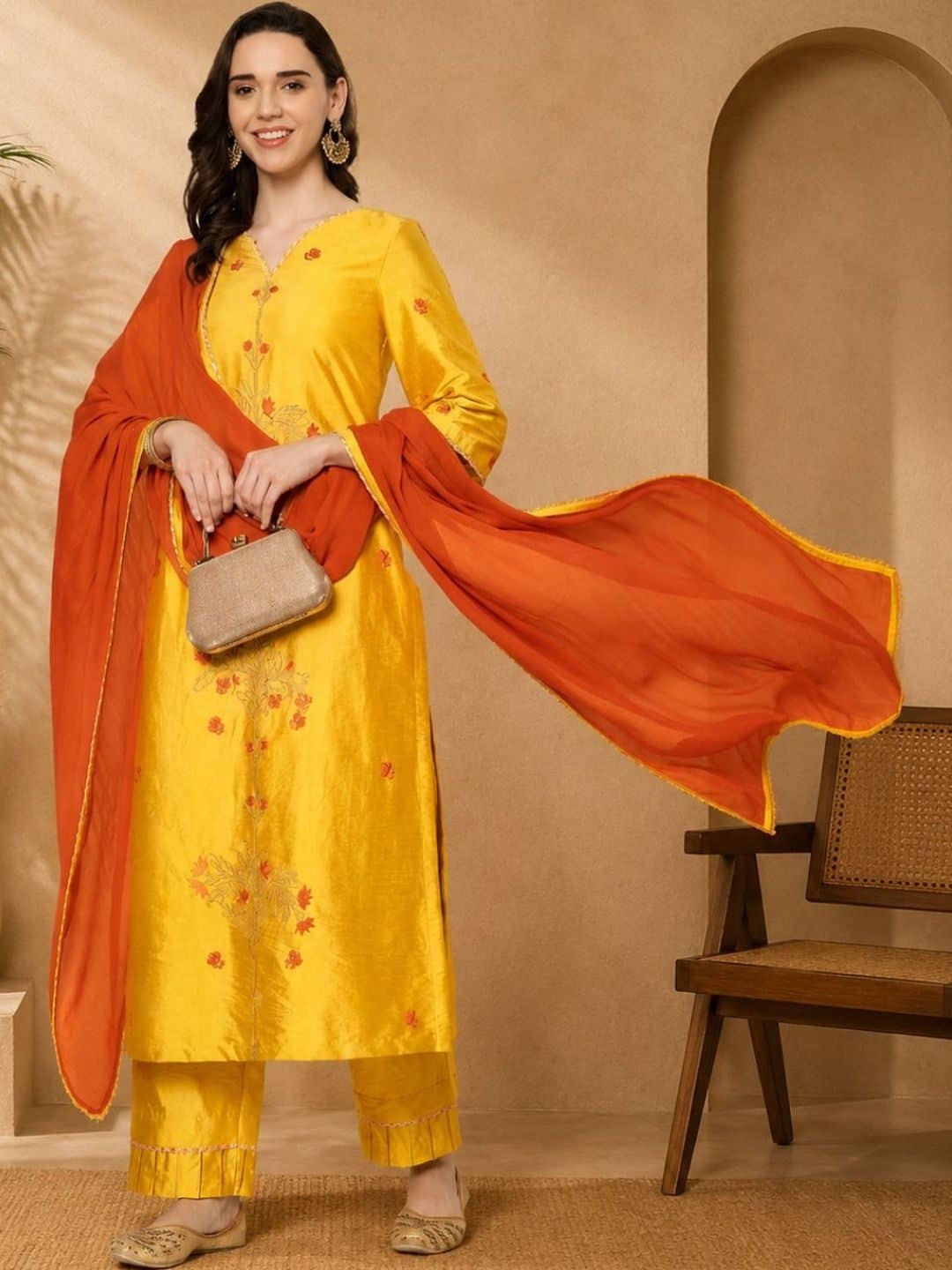 SILCHIC Women Ethnic Motifs Embroidered Regular Dupion Silk Kurta with Palazzos & With Dupatta — photo 3