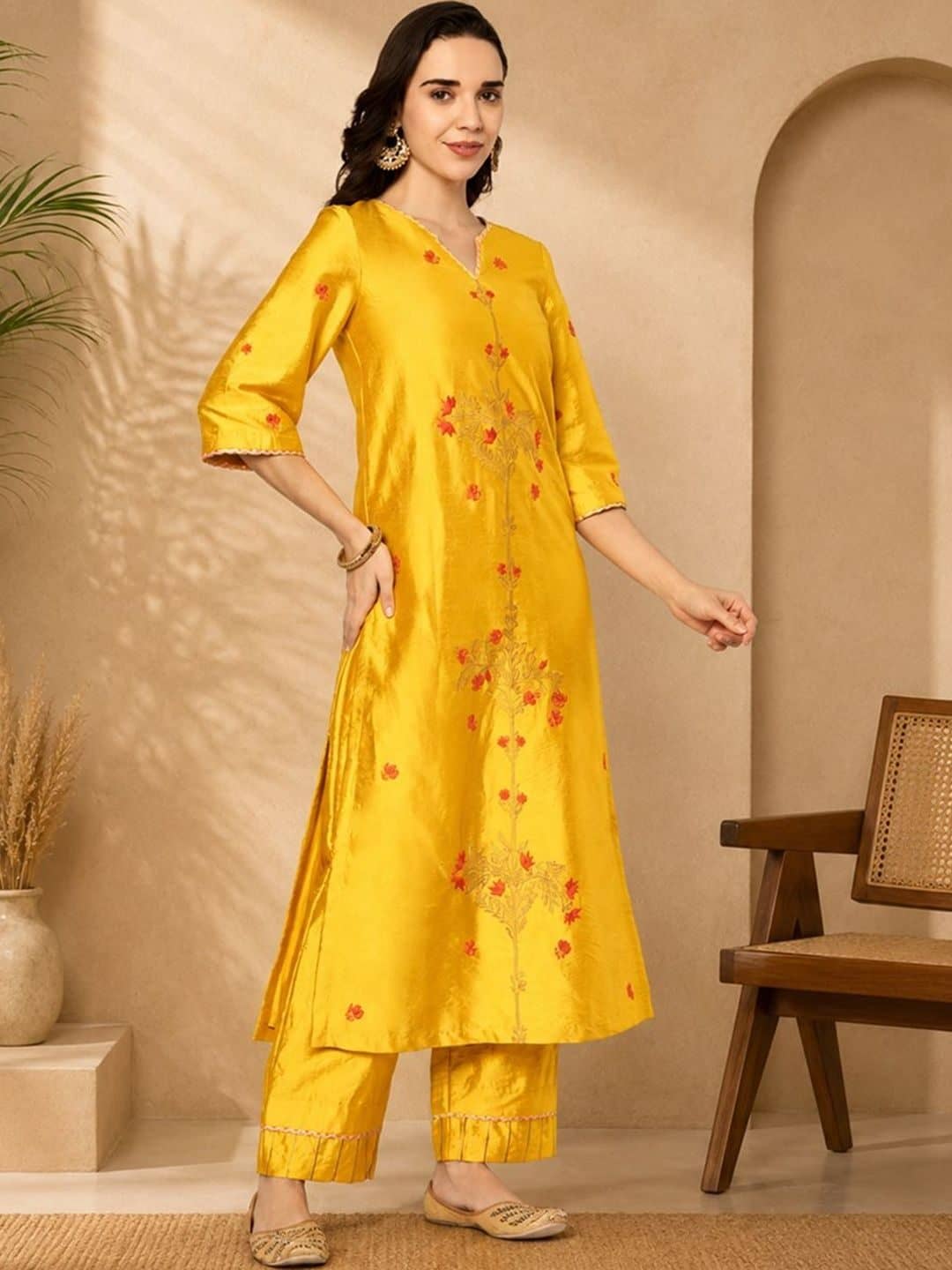 SILCHIC Women Ethnic Motifs Embroidered Regular Dupion Silk Kurta with Palazzos & With Dupatta — photo 6