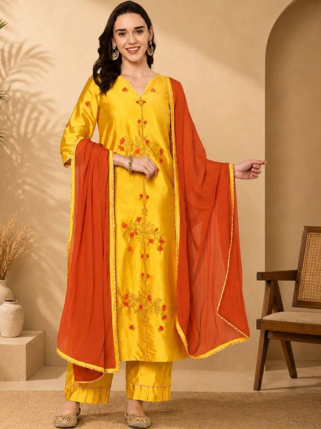 SILCHIC Women Ethnic Motifs Embroidered Regular Dupion Silk Kurta with Palazzos & With Dupatta — photo 1