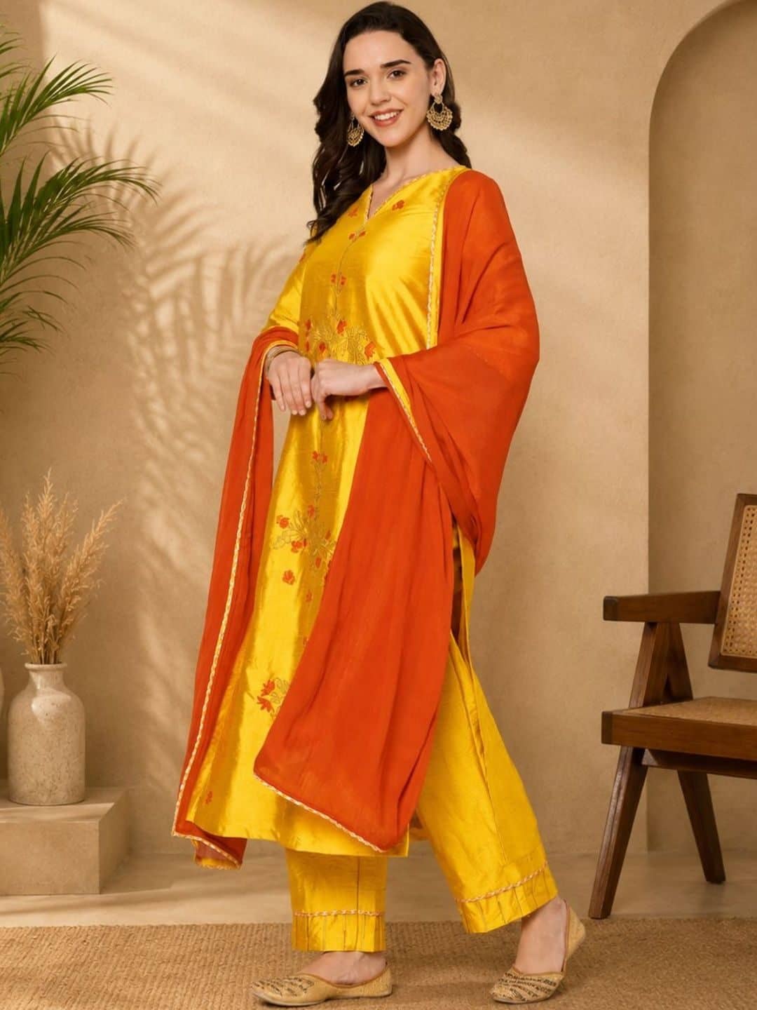 SILCHIC Women Ethnic Motifs Embroidered Regular Dupion Silk Kurta with Palazzos & With Dupatta — photo 2