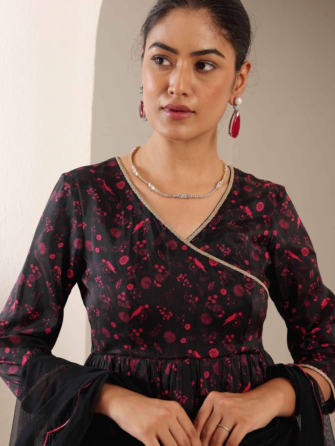 SILCHIC Women Ethnic Motifs Printed Angrakha Silk Crepe Kurta with Trousers & With Dupatta — photo 3