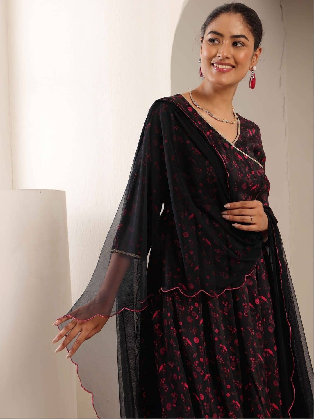 SILCHIC Women Ethnic Motifs Printed Angrakha Silk Crepe Kurta with Trousers & With Dupatta — photo 5