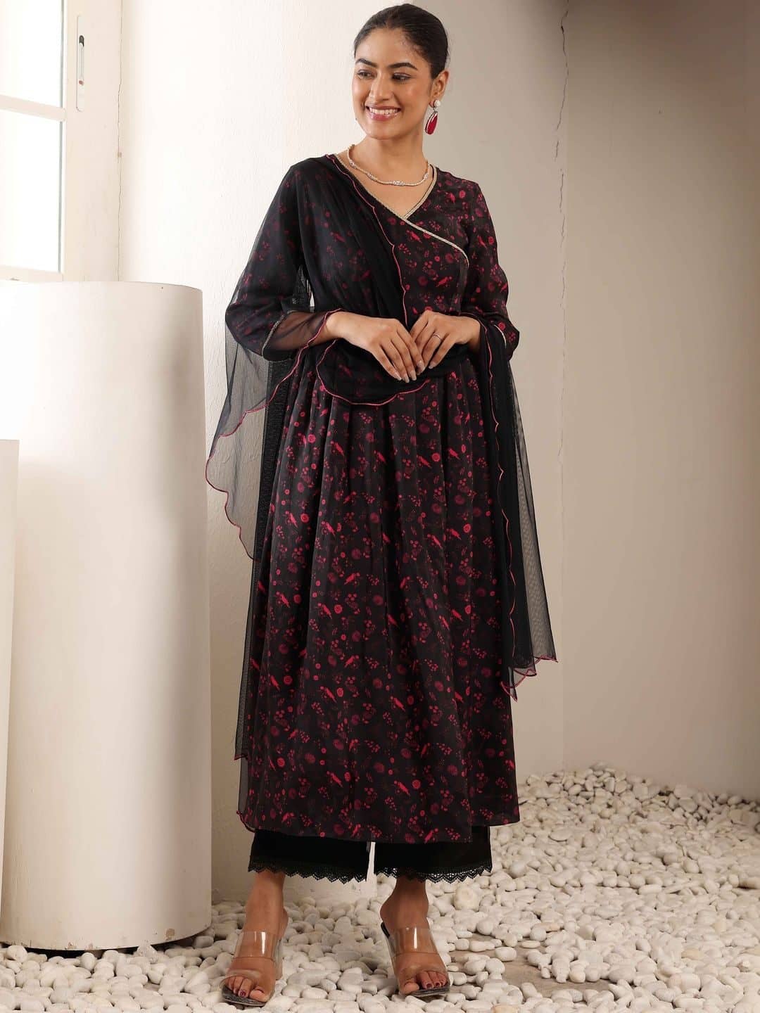 SILCHIC Women Ethnic Motifs Printed Angrakha Silk Crepe Kurta with Trousers & With Dupatta — photo 1