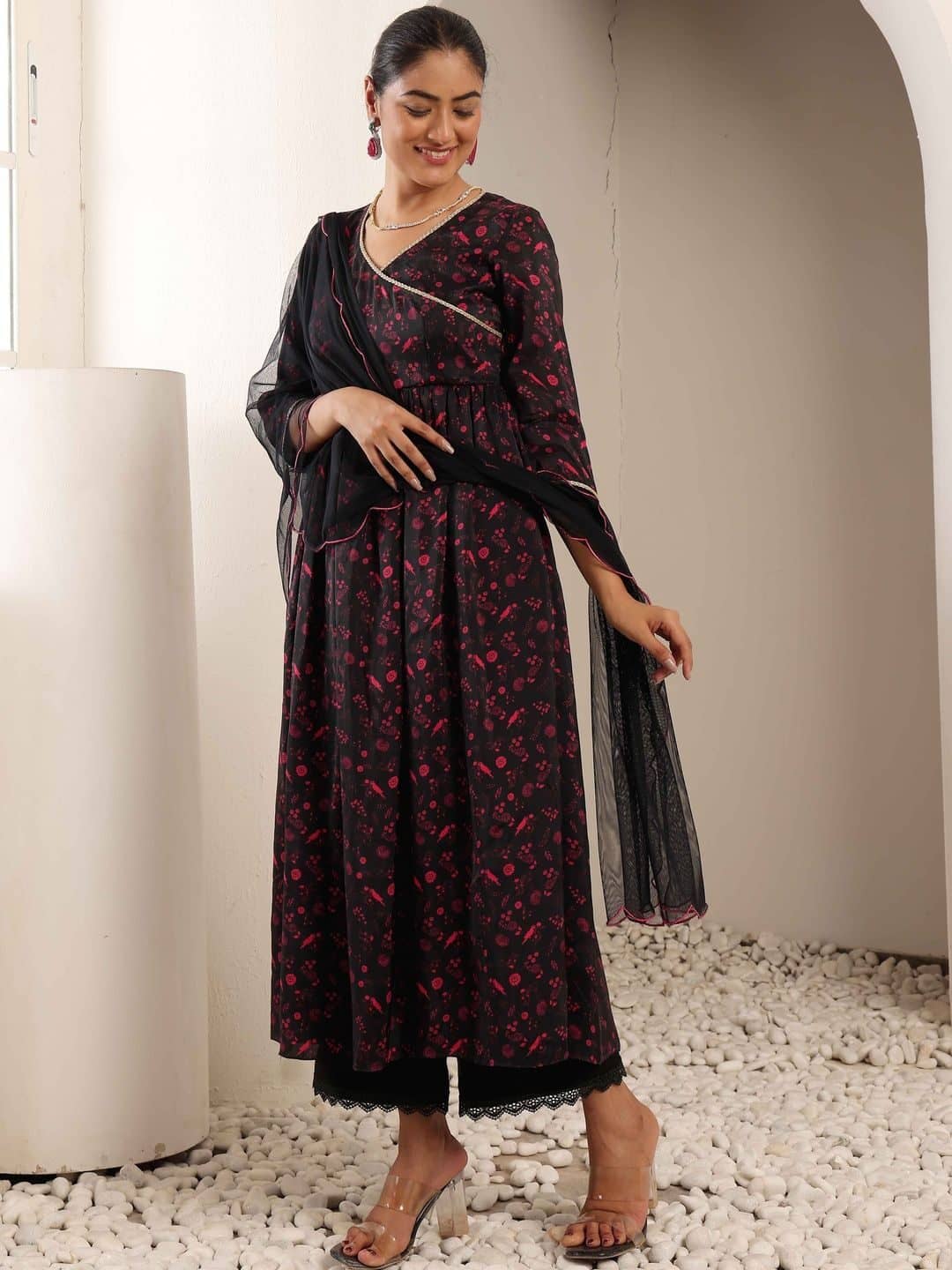 SILCHIC Women Ethnic Motifs Printed Angrakha Silk Crepe Kurta with Trousers & With Dupatta — photo 4