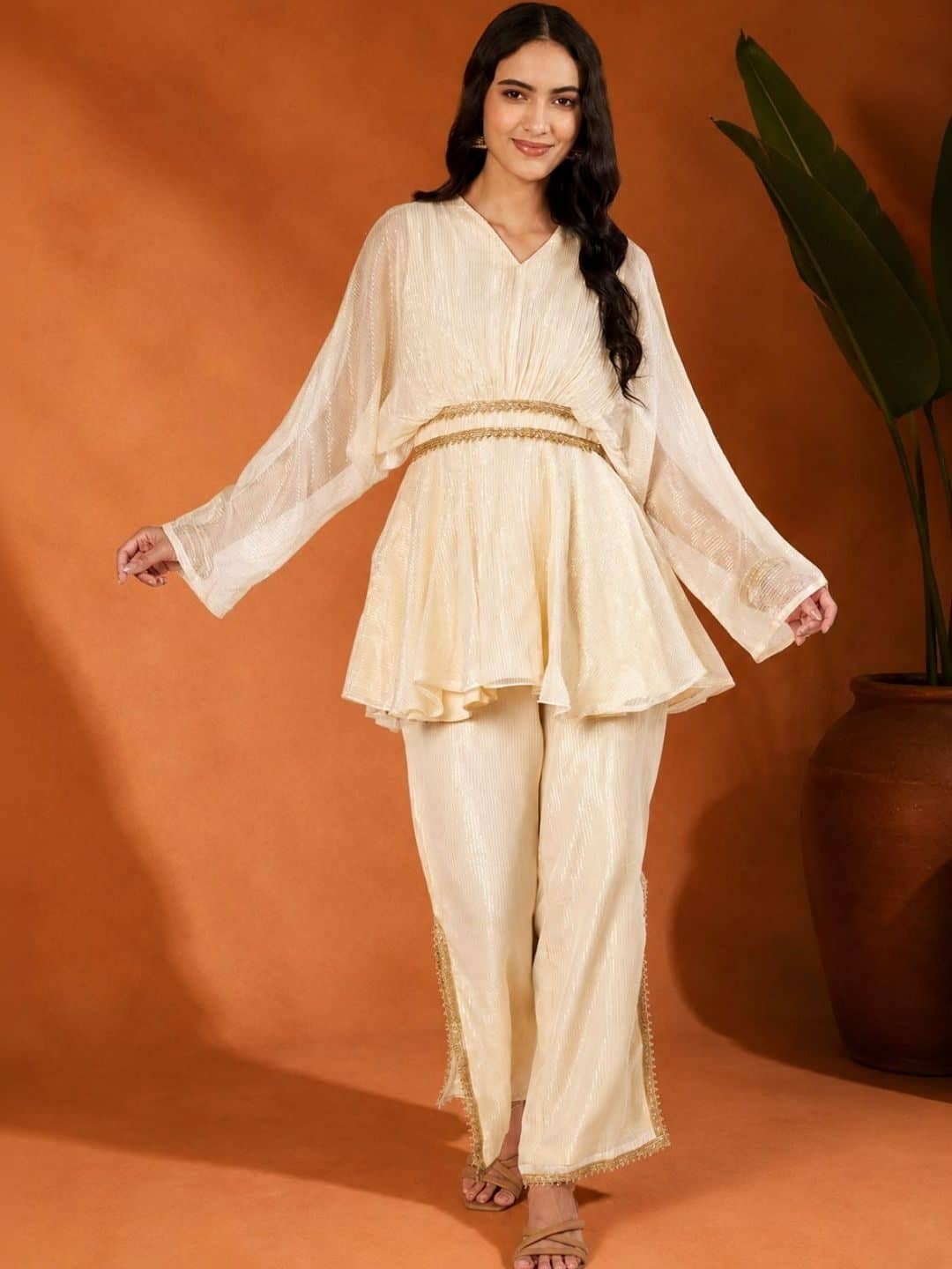 SILCHIC Organza Self Design Tunic with Palazzos