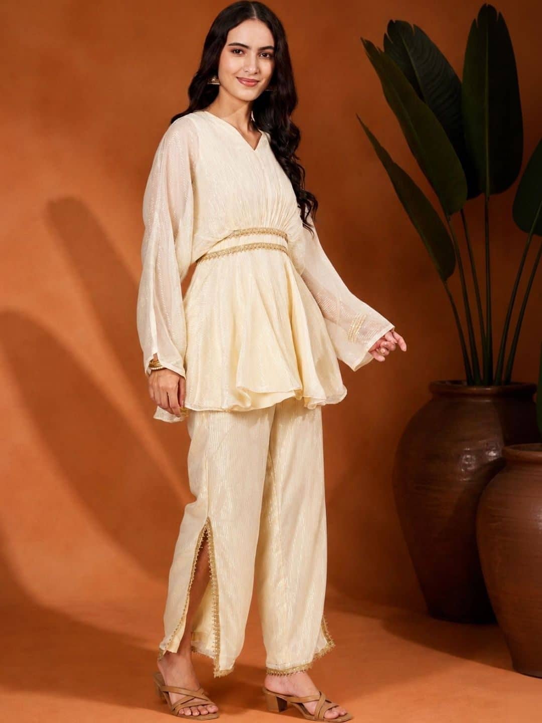 SILCHIC Organza Self Design Tunic with Palazzos — photo 2