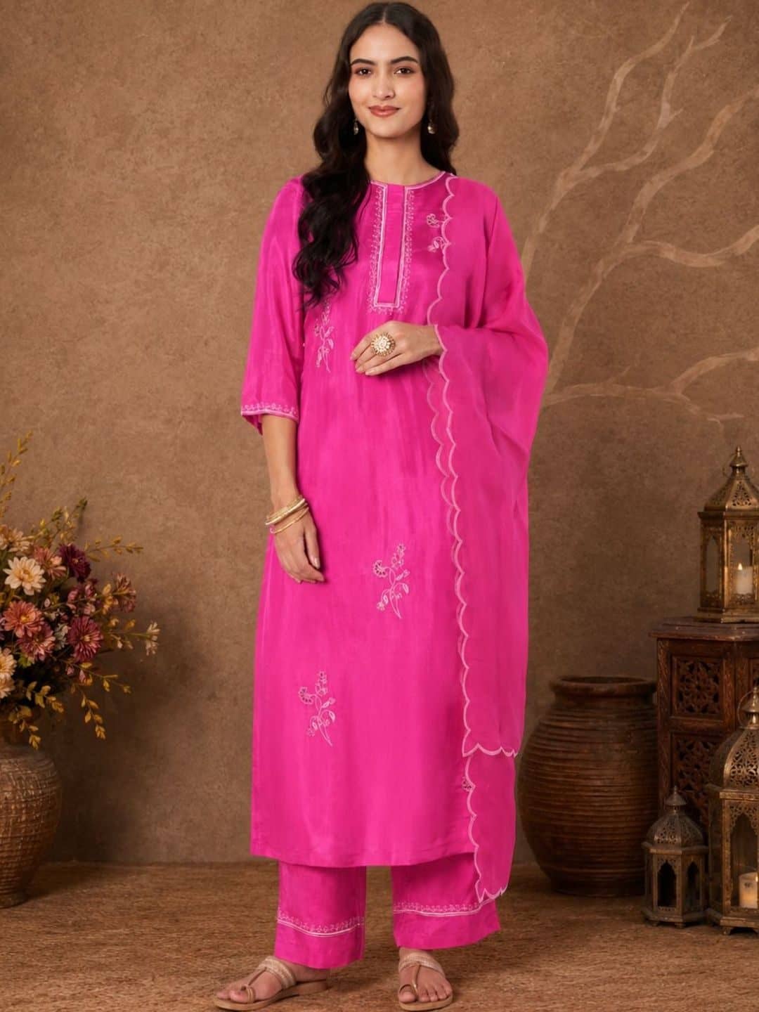 SILCHIC Women Ethnic Motifs Embroidered Regular Thread Work Kurta with Trousers & With Dupatta — photo 1