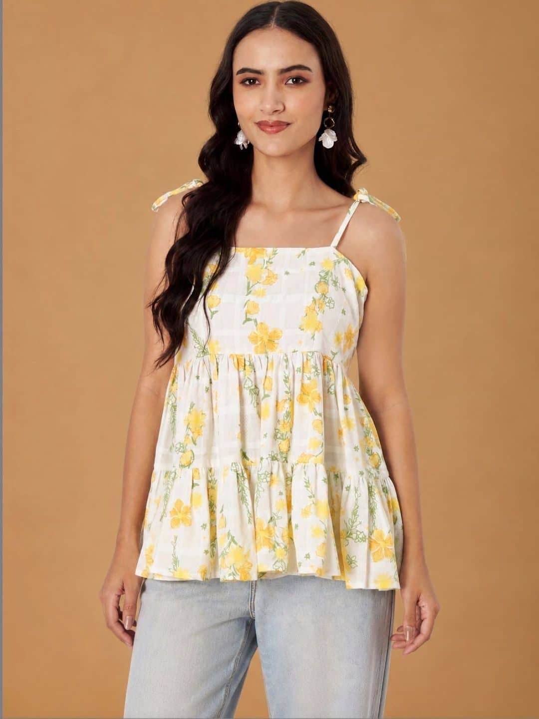 SILCHIC Floral Print Cotton Tiered Top