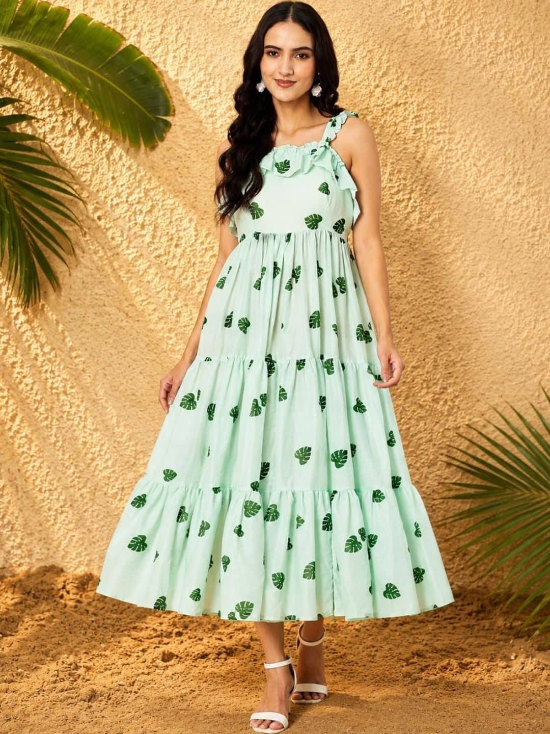 SILCHIC Tropical Print Ruffled Fit & Flare Midi Dress