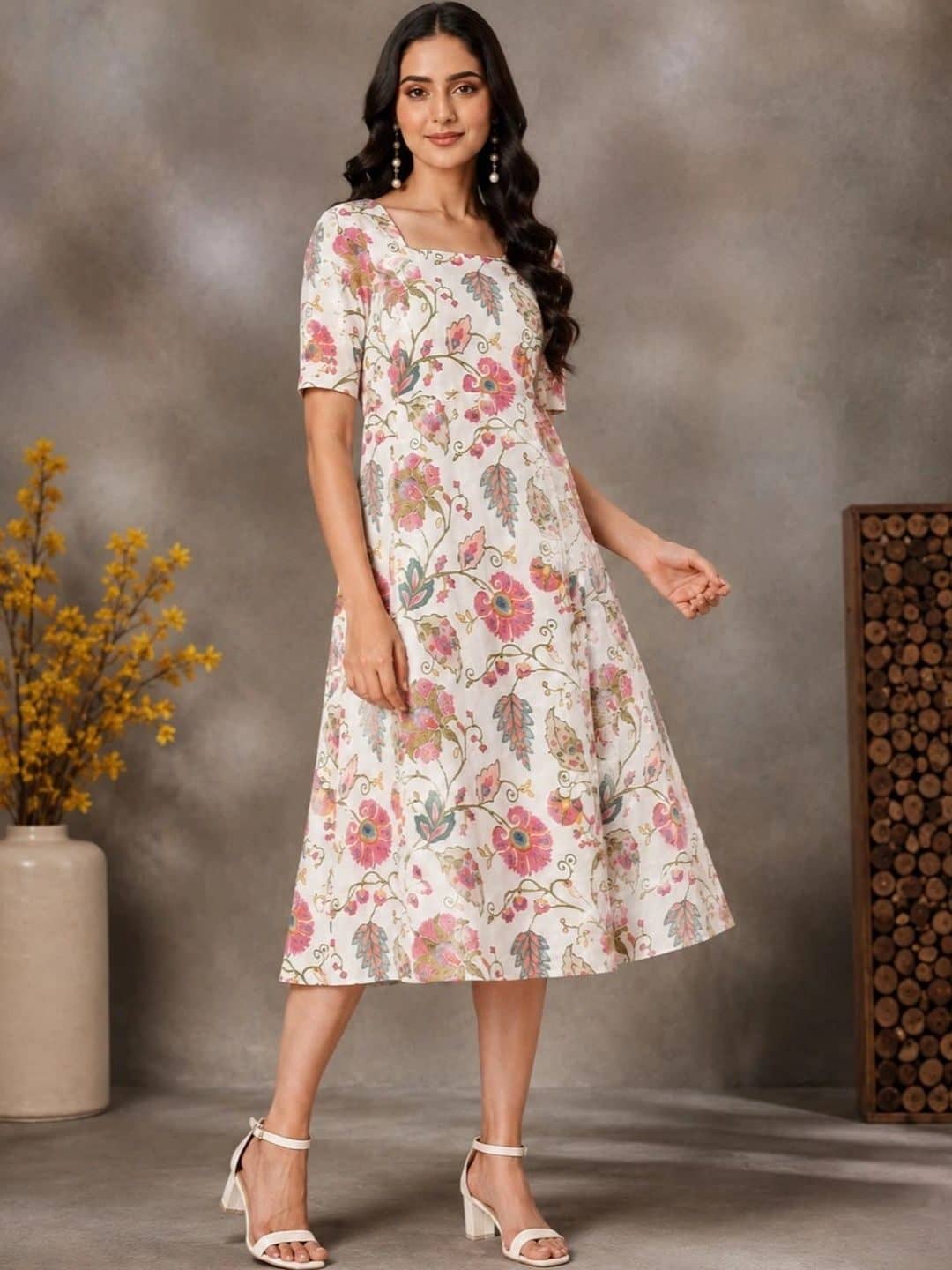 SILCHIC Floral Print A-Line Midi Dress