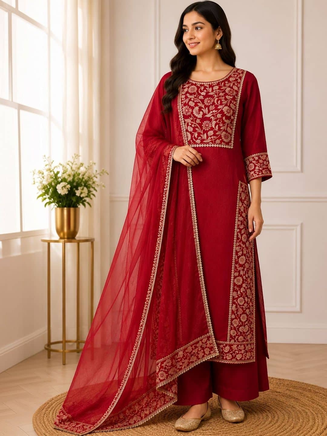 SILCHIC Women Ethnic Motifs Embroidered Regular Dupion Silk Kurta with Palazzos & With Dupatta