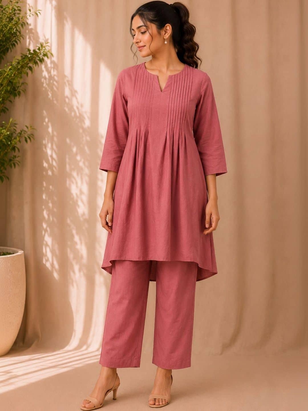 SILCHIC Women Pleated Dupion Silk Kurta with Trousers — photo 1
