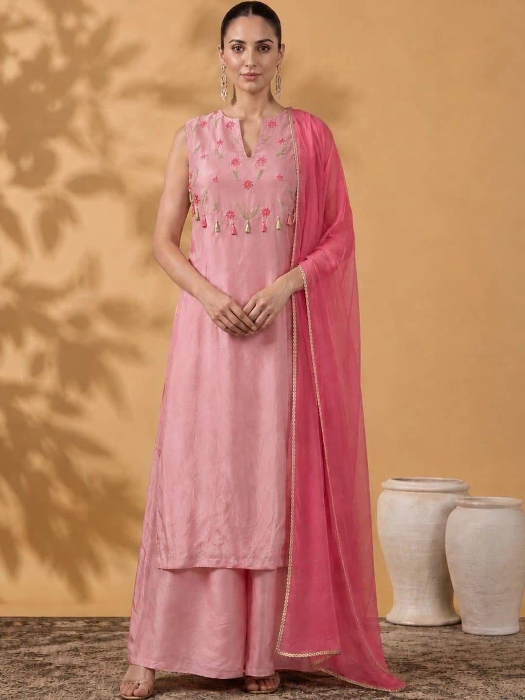 SILCHIC Women Floral Embroidered Regular Thread Work Kurta with Palazzos & With Dupatta — photo 1