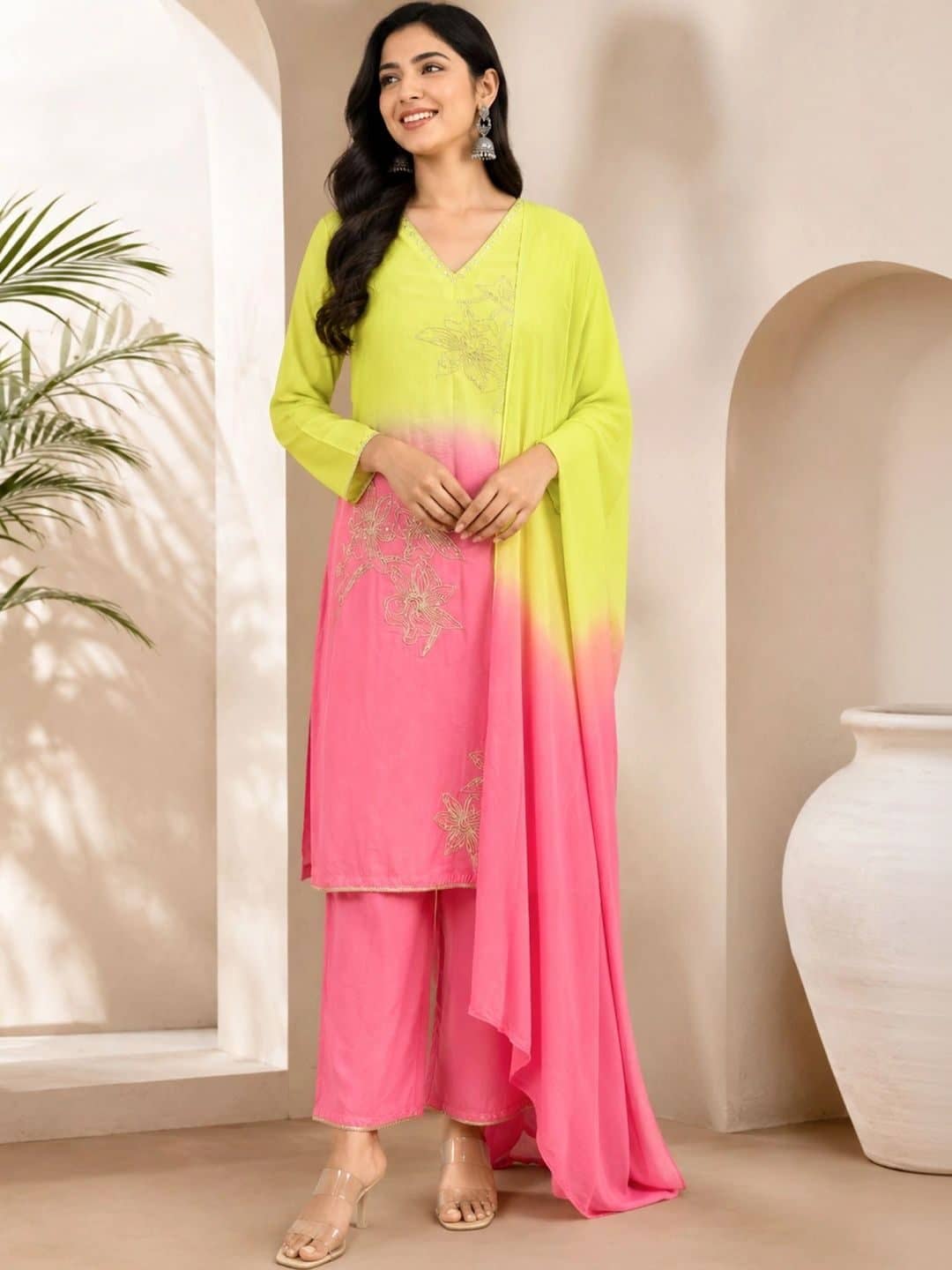 SILCHIC Women Ombre Dyed Regular Thread Work Kurta with Palazzos & With Dupatta — photo 1