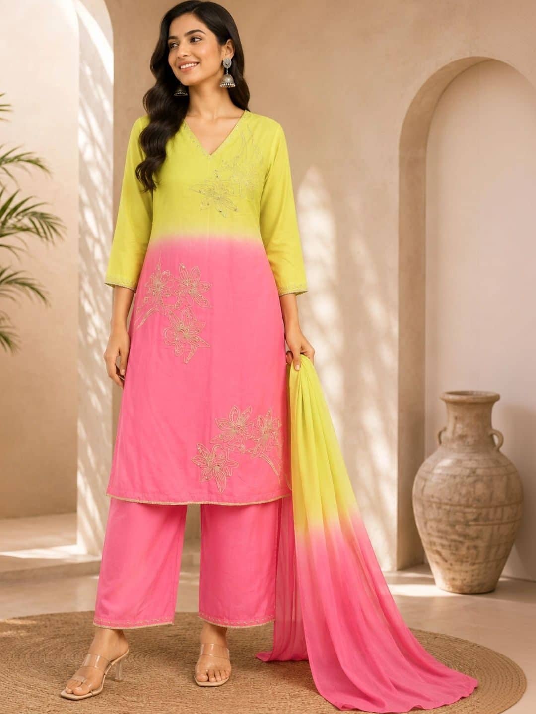 SILCHIC Women Ombre Dyed Regular Thread Work Kurta with Palazzos & With Dupatta — photo 5
