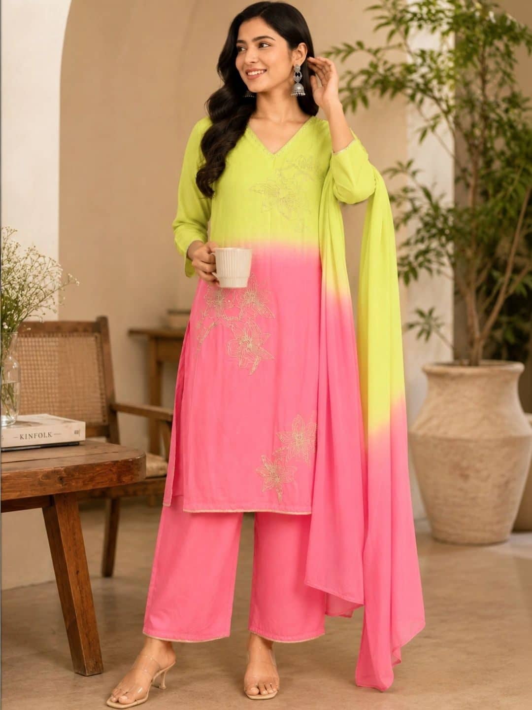 SILCHIC Women Ombre Dyed Regular Thread Work Kurta with Palazzos & With Dupatta — photo 6