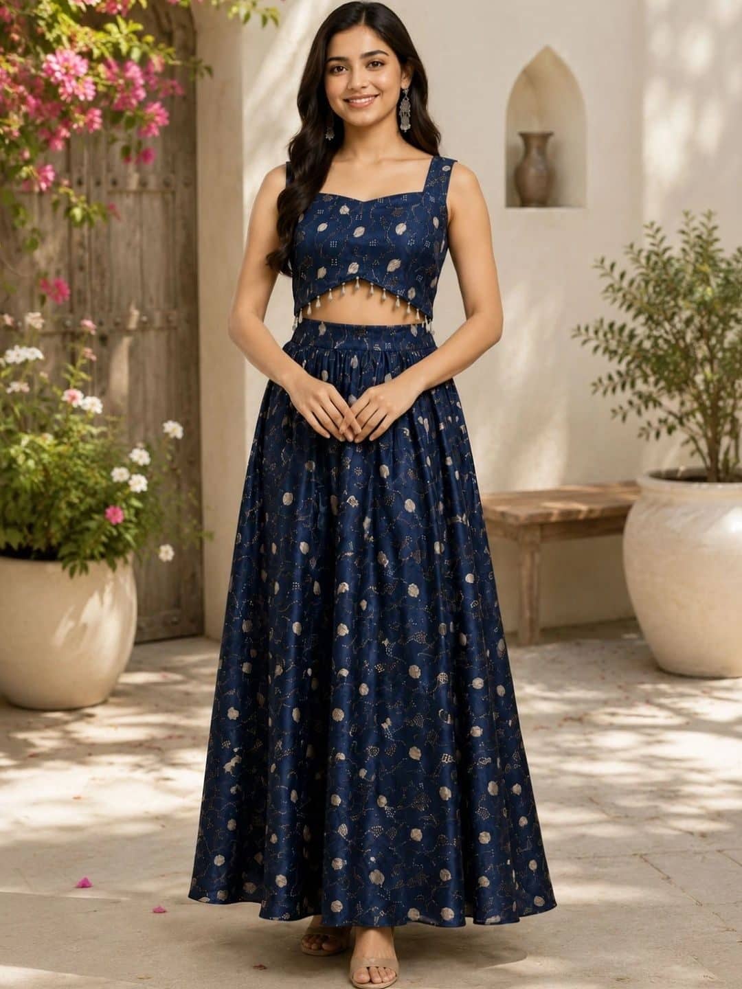 SILCHIC Ethnic Motifs Print Satin Maxi Dress