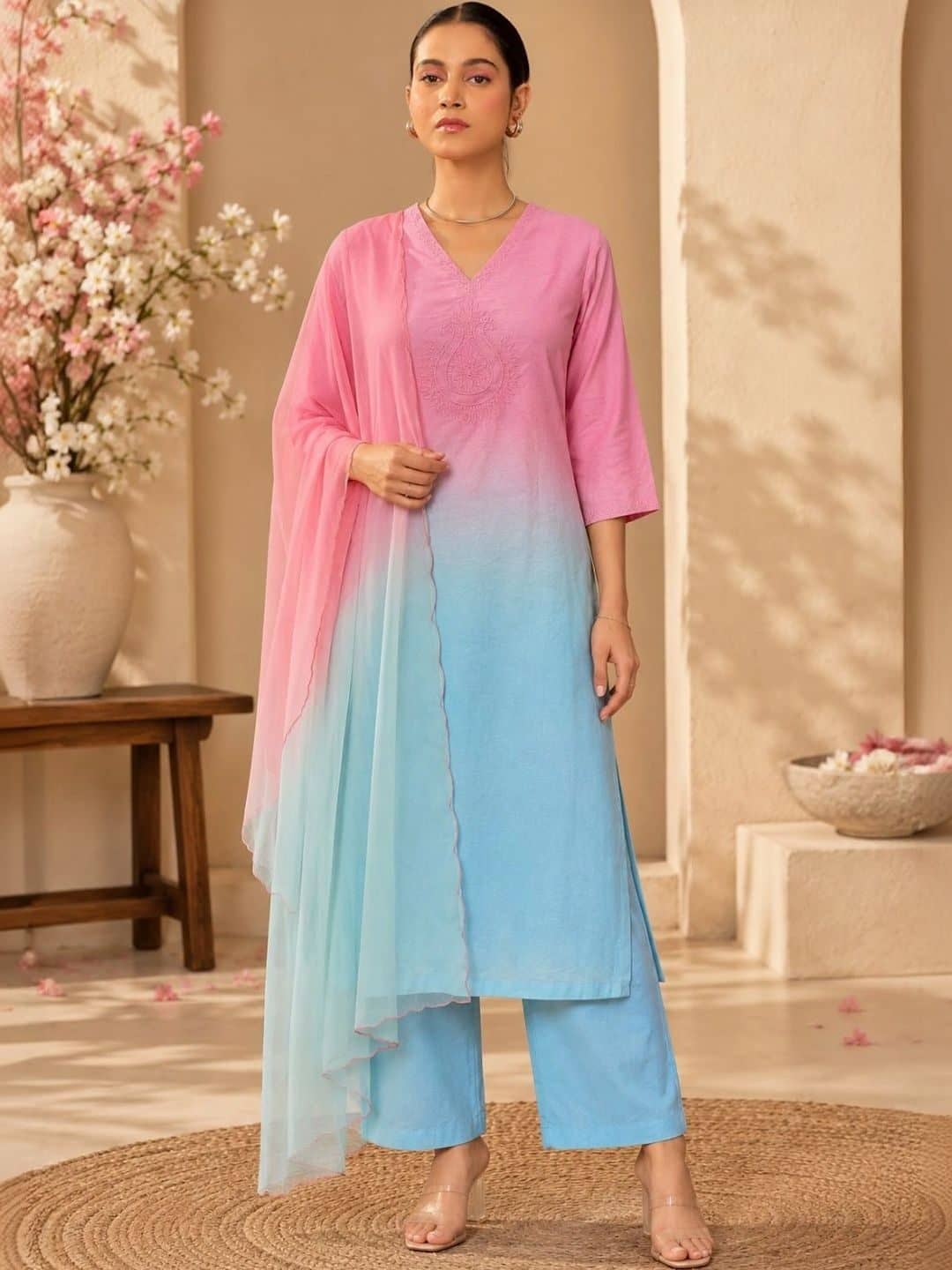 SILCHIC Women Ombre Dyed Regular Thread Work Dupion Silk Kurta with Palazzos & With Dupatta — photo 1