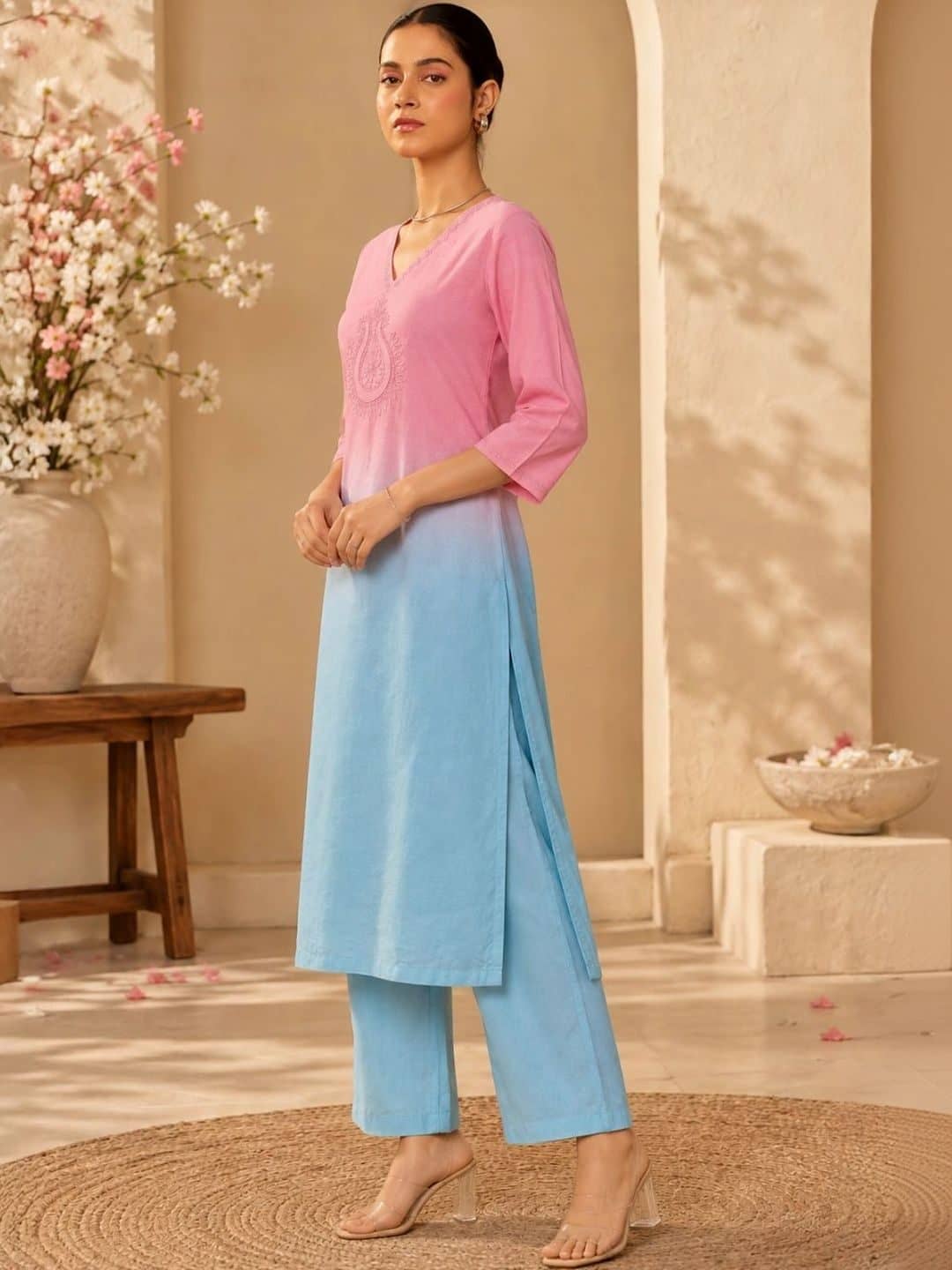SILCHIC Women Ombre Dyed Regular Thread Work Dupion Silk Kurta with Palazzos & With Dupatta — photo 3