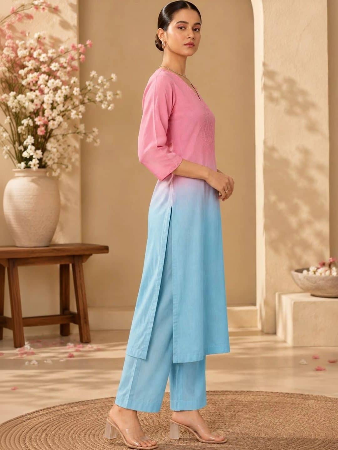 SILCHIC Women Ombre Dyed Regular Thread Work Dupion Silk Kurta with Palazzos & With Dupatta — photo 5
