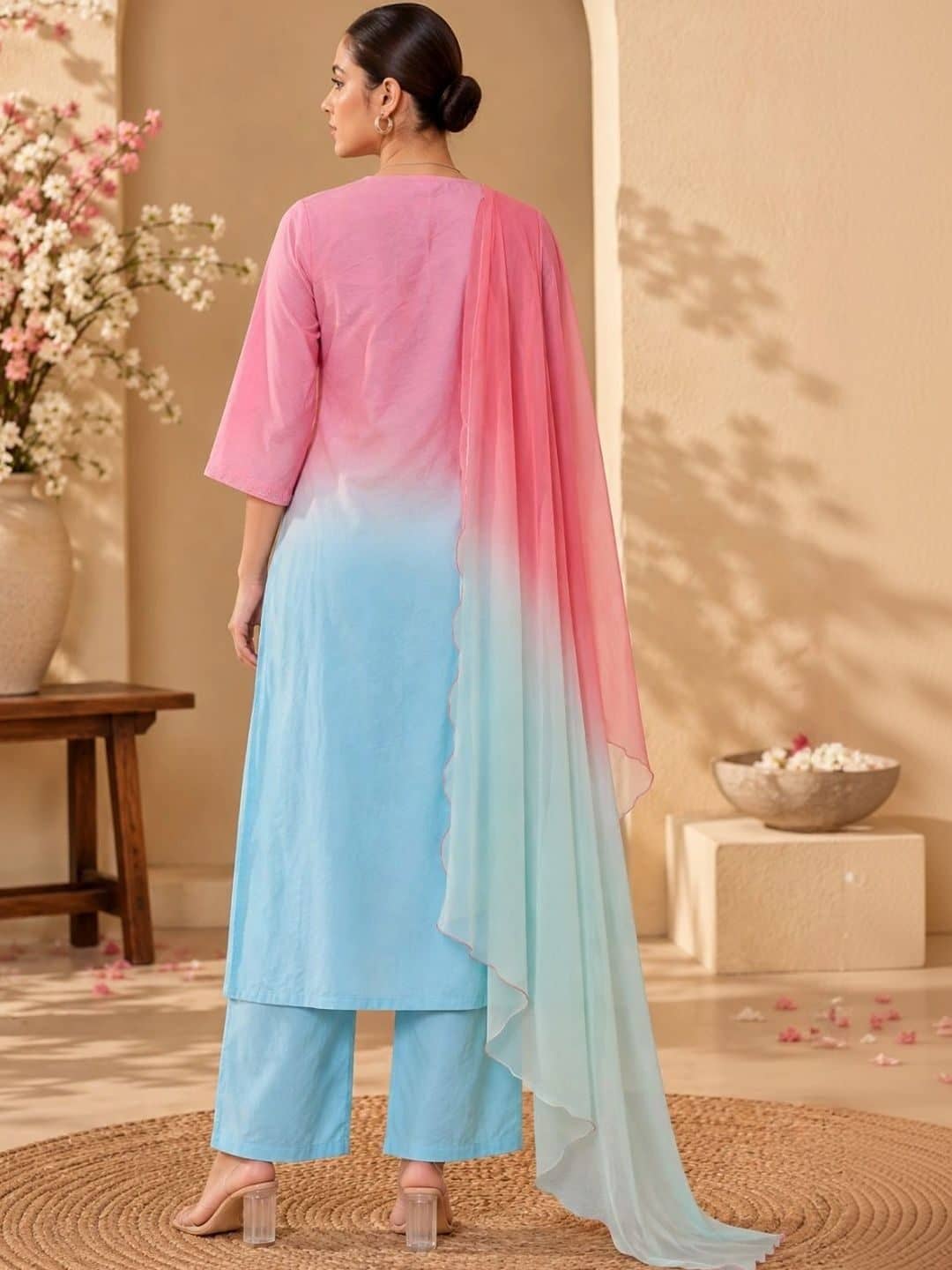 SILCHIC Women Ombre Dyed Regular Thread Work Dupion Silk Kurta with Palazzos & With Dupatta — photo 2