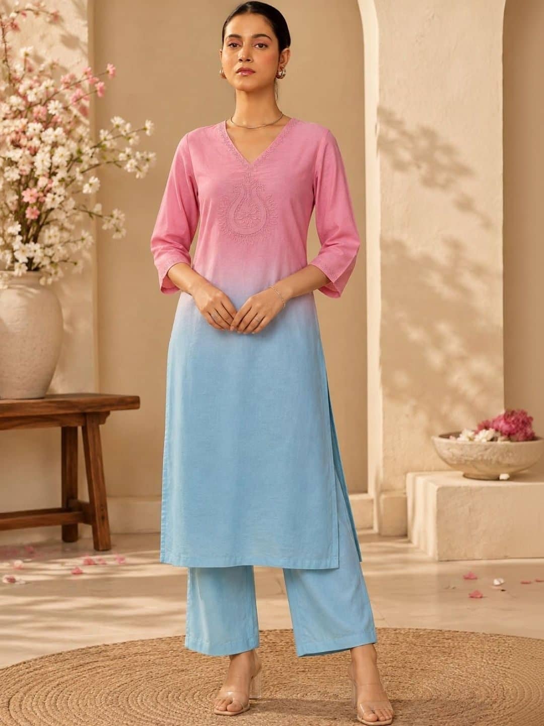 SILCHIC Women Ombre Dyed Regular Thread Work Dupion Silk Kurta with Palazzos & With Dupatta — photo 6