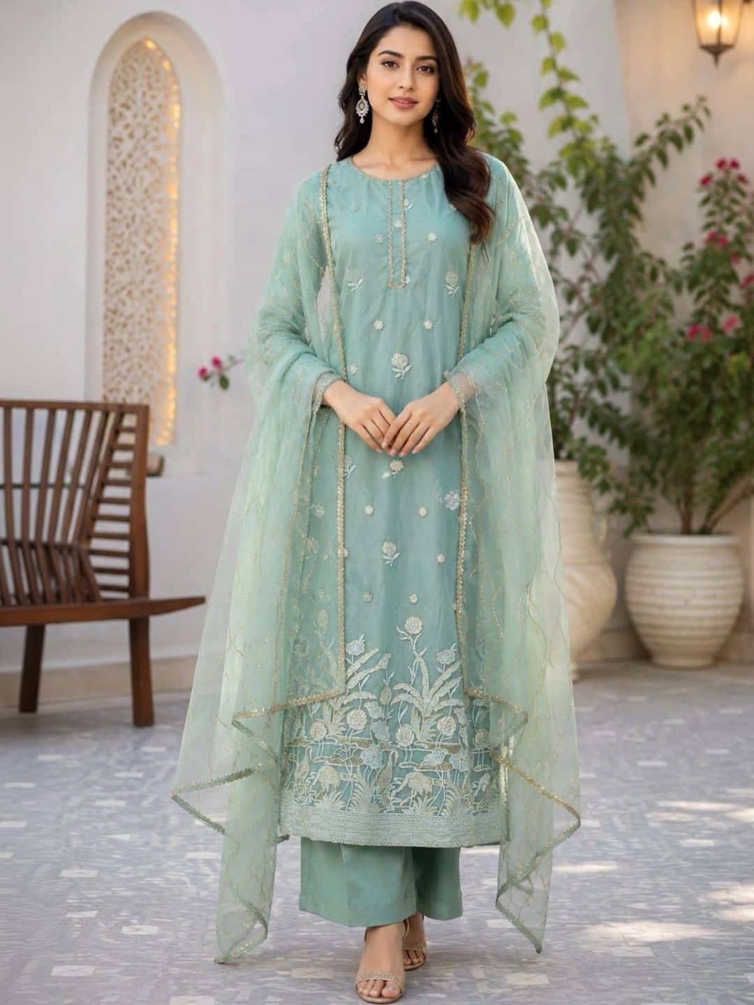 SILCHIC Women Ethnic Motifs Embroidered Regular Thread Work Kurta with Palazzos & With Dupatta — photo 1