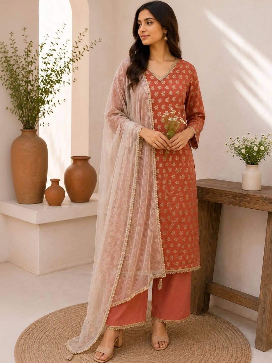 SILCHIC Women Floral Printed Regular Chanderi Cotton Kurta with Palazzos & With Dupatta — photo 1